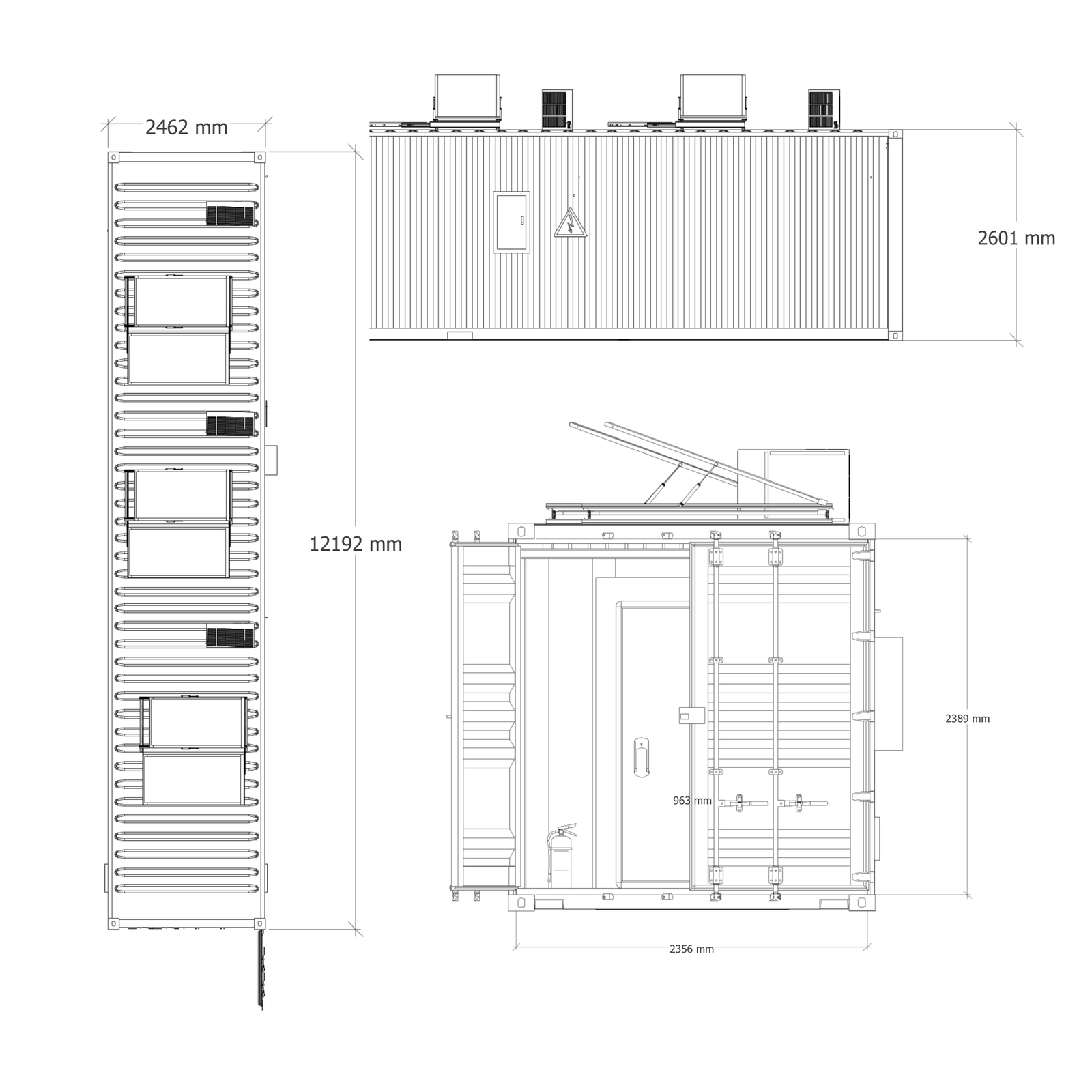 Elevation and plan drawings of the cold storage container